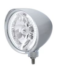 (BOX) CHROME ALUMINUM 7" BILLET STYLE "CHOPPER" MOTOR VEHICLE/TRUCK MOUNT HEADLIGHT WITH SMOOTH VISOR - 34 WHITE AUXILIARY LED