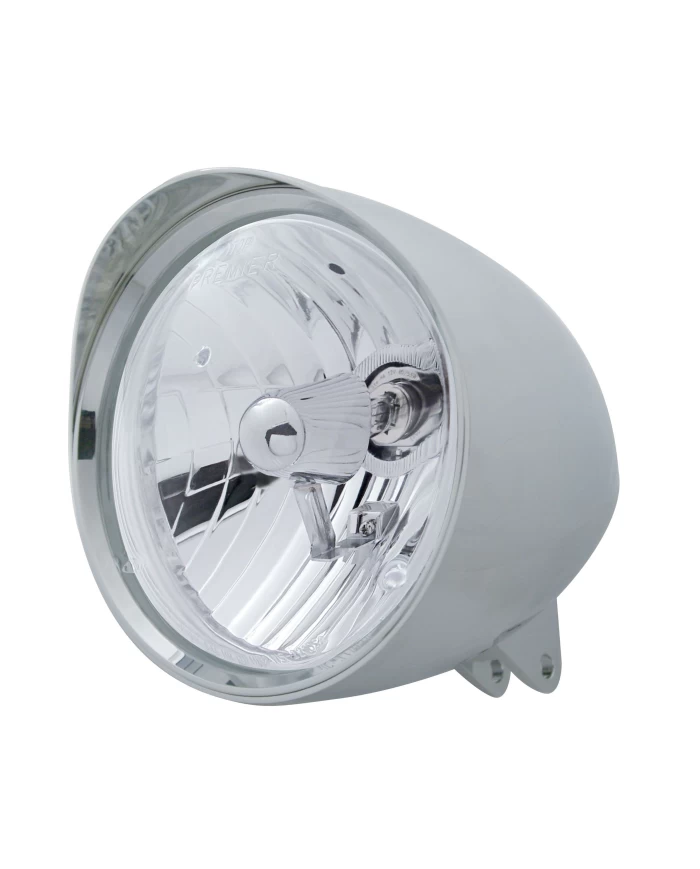 (BOX) CHROME ALUMINUM 7" BILLET STYLE "CHOPPER" MOTORCYCLE MOUNT HEADLIGHT WITH SMOOTH VISOR - CRYSTAL H4 HALOGEN