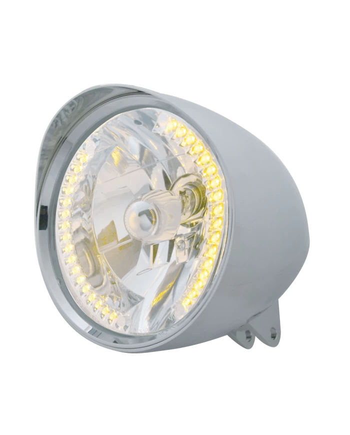 (BOX) CHROME ALUMINUM 7" BILLET STYLE "CHOPPER" MOTORCYCLE MOUNT HEADLIGHT WITH SMOOTH VISOR - 34 AMBER AUXILIARY LED