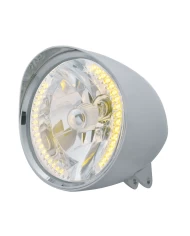 (BOX) CHROME ALUMINUM 7" BILLET STYLE "CHOPPER" MOTORCYCLE MOUNT HEADLIGHT WITH SMOOTH VISOR - 34 AMBER AUXILIARY LED