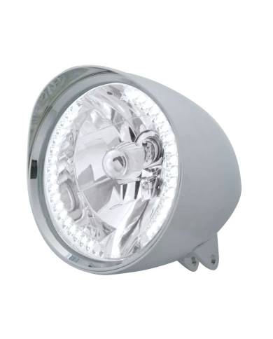 (BOX) CHROME ALUMINUM 7" BILLET STYLE "CHOPPER" MOTORCYCLE MOUNT HEADLIGHT WITH SMOOTH VISOR - 34 WHITE AUXILIARY LED (BOX) CHROME ALUMINUM 7" BILLET STYLE "CHOPPER" MOTORCYCLE MOUNT HEADLIGHT WITH SMOOTH VISOR - 34 WHITE AUXILIARY LED