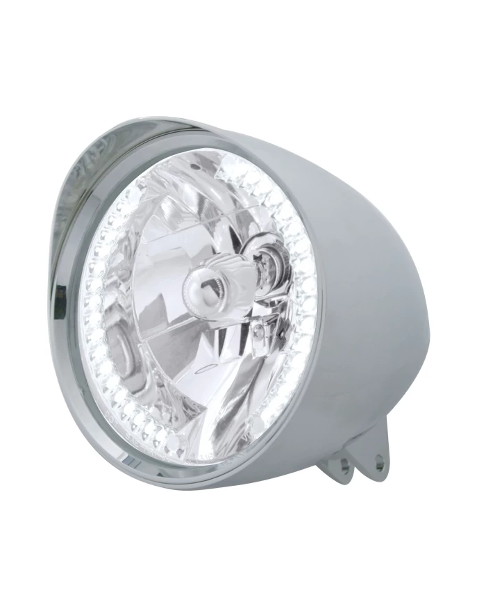 (BOX) CHROME ALUMINUM 7" BILLET STYLE "CHOPPER" MOTORCYCLE MOUNT HEADLIGHT WITH SMOOTH VISOR - 34 WHITE AUXILIARY LED