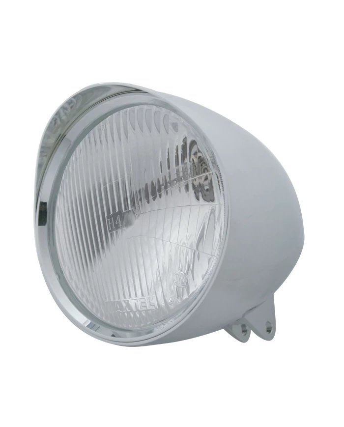 (BOX) CHROME ALUMINUM 7" BILLET STYLE "CHOPPER" MOTORCYCLE MOUNT HEADLIGHT WITH SMOOTH VISOR - H4 HALOGEN (BOX) CHROME ALUMINUM 7" BILLET STYLE "CHOPPER" MOTORCYCLE MOUNT HEADLIGHT WITH SMOOTH VISOR - H4 HALOGEN