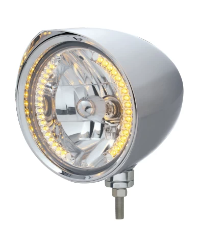 (BOX) CHROME ALUMINUM 7" BILLET STYLE "CHOPPER" MOTOR VEHICLE/TRUCK MOUNT HEADLIGHT WITH RAZOR VISOR - 34 AMBER AUXILIARY LED (BOX) CHROME ALUMINUM 7" BILLET STYLE "CHOPPER" MOTOR VEHICLE/TRUCK MOUNT HEADLIGHT WITH RAZOR VISOR - 34 AMBER AUXILIARY LED