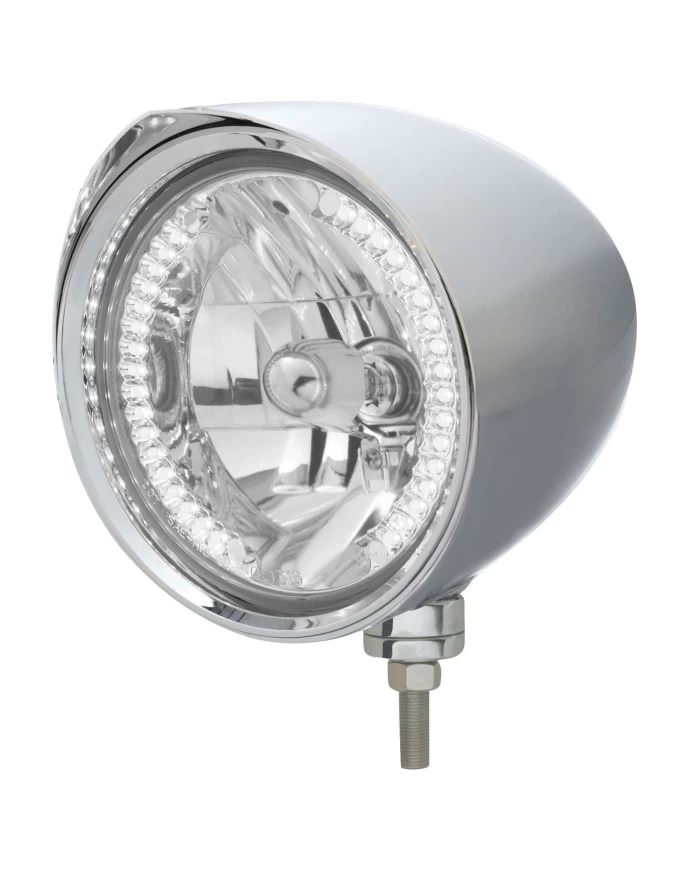 (BOX) CHROME ALUMINUM 7" BILLET STYLE "CHOPPER" MOTOR VEHICLE/TRUCK MOUNT HEADLIGHT WITH RAZOR VISOR - 34 WHITE AUXILIARY LED