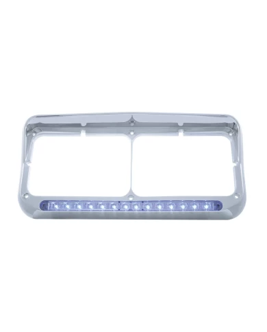 (CARD) CHROME PLASTIC 14 BLUE LED RECTANGULAR HEADLIGHT BEZEL W/ VISOR - CLEAR LENS (CARD) CHROME PLASTIC 14 BLUE LED RECTANGULAR HEADLIGHT BEZEL W/ VISOR - CLEAR LENS
