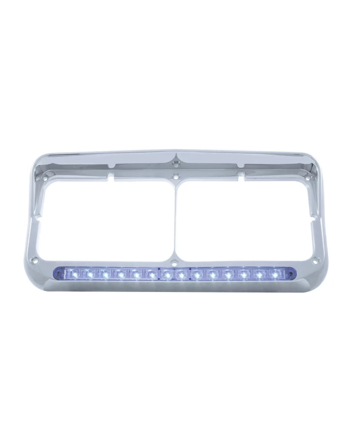 (CARD) CHROME PLASTIC 14 BLUE LED RECTANGULAR HEADLIGHT BEZEL W/ VISOR - CLEAR LENS