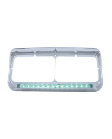 (CARD) CHROME PLASTIC 14 GREEN LED RECTANGULAR HEADLIGHT BEZEL W/ VISOR - CLEAR LENS (CARD) CHROME PLASTIC 14 GREEN LED RECTANGULAR HEADLIGHT BEZEL W/ VISOR - CLEAR LENS