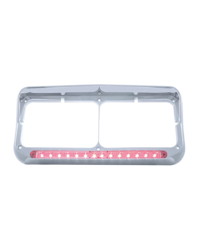 (CARD) CHROME PLASTIC 14 RED LED RECTANGULAR HEADLIGHT BEZEL W/ VISOR - CLEAR LENS