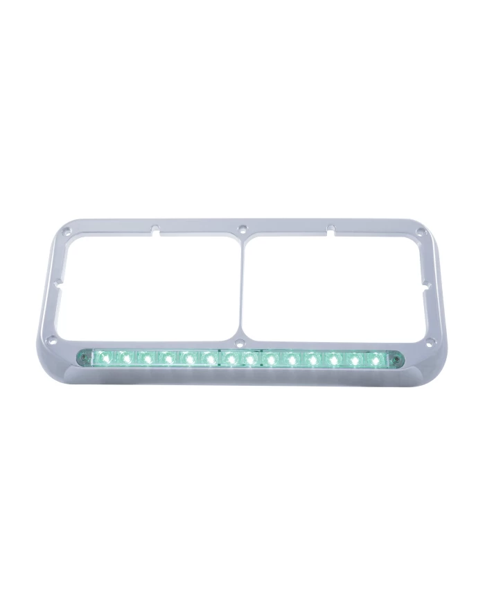 (CARD) CHROME PLASTIC 14 GREEN LED RECTANGULAR HEADLIGHT BEZEL - CLEAR LENS