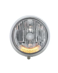 (BOX) CHROME 7" MOTORCYCLE HEADLIGHT - GROOVED WITH 6 AMBER AUXILIARY LED (BOX) CHROME 7" MOTORCYCLE HEADLIGHT - GROOVED WITH 6 AMBER AUXILIARY LED