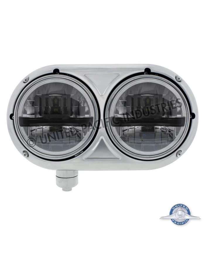 (CBOX) STAINLESS DUAL BLACK HEADLIGHT WITH 8 HIGH POWER LED BULB FOR PETERBILT 359 - DRIVER
