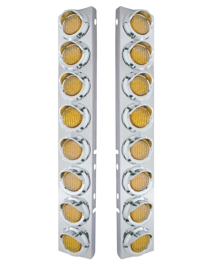 (2/BULK) STAINLESS STEEL PB 16 LED CUTOUT A/C BRACKET W/2" 9 AMBER LED FLAT LIGHT & CR. PL. VISOR - AMBER LENS (2/BULK) STAINLESS STEEL PB 16 LED CUTOUT A/C BRACKET W/2" 9 AMBER LED FLAT LIGHT & CR. PL. VISOR - AMBER LENS