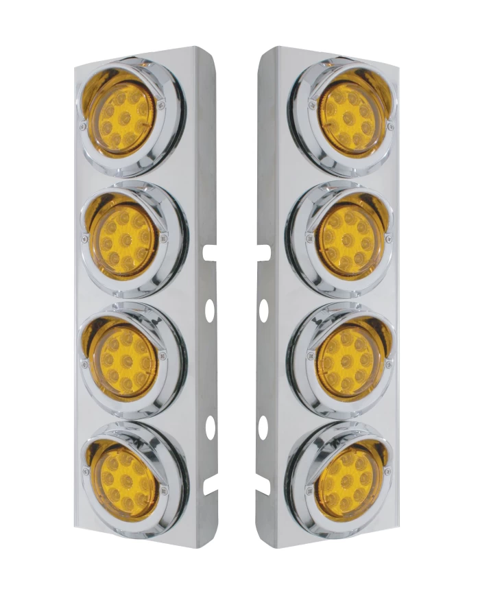 (2/BULK) S.S. PB 8 LED CUTOUT A/C BRACKET W/2" 9 AMBER LED FLAT REFLECTOR LIGHT & CR. PL. VISOR - AMBER LENS