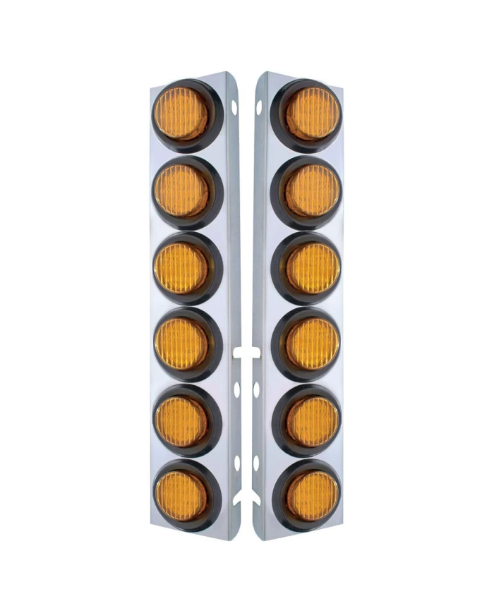 (2/BULK) S.S. PB 12 LED CUTOUT A/C BRACKET W/2" 9 AMBER LED FLAT LIGHT & RUBBER GROMMET - AMBER LENS