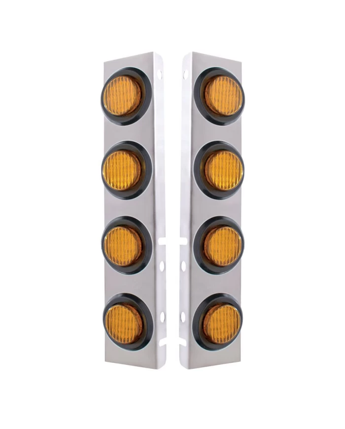 (2/BULK) S.S. PB 8 LED CUTOUT A/C BRACKET W/2" 9 AMBER LED FLAT LIGHT & RUBBER GROMMET - AMBER LENS