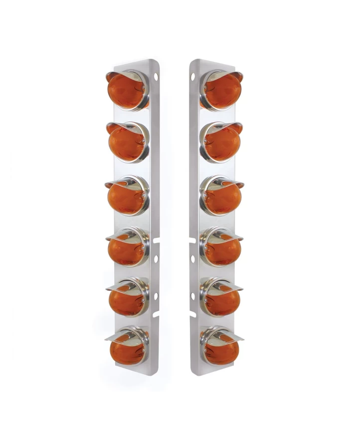 (2/BULK) S.S PETERBILT FRONT AIR CLEANER BRACKET W/TWELVE 9 LED "GLO" WATERMELON LIGHT WITH VISOR - AMBER LED / AMBER LENS