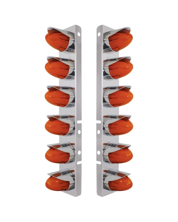 (2/BULK) S.S PETERBILT FRONT AIR CLEANER BRACKET W/TWELVE 9 LED "GLO" WATERMELON LIGHT WITH VISOR - AMBER LED / AMBER LENS