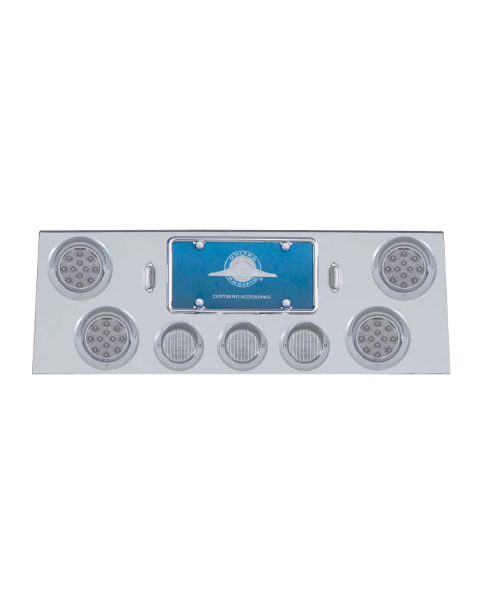 (BULK) S.S. REAR CENTER LT PANEL W/ FOUR 12 LED 4" & THREE 13 LED 2 1/2" FLAT LT W/ VISOR - RED LED/CLEAR LENS
