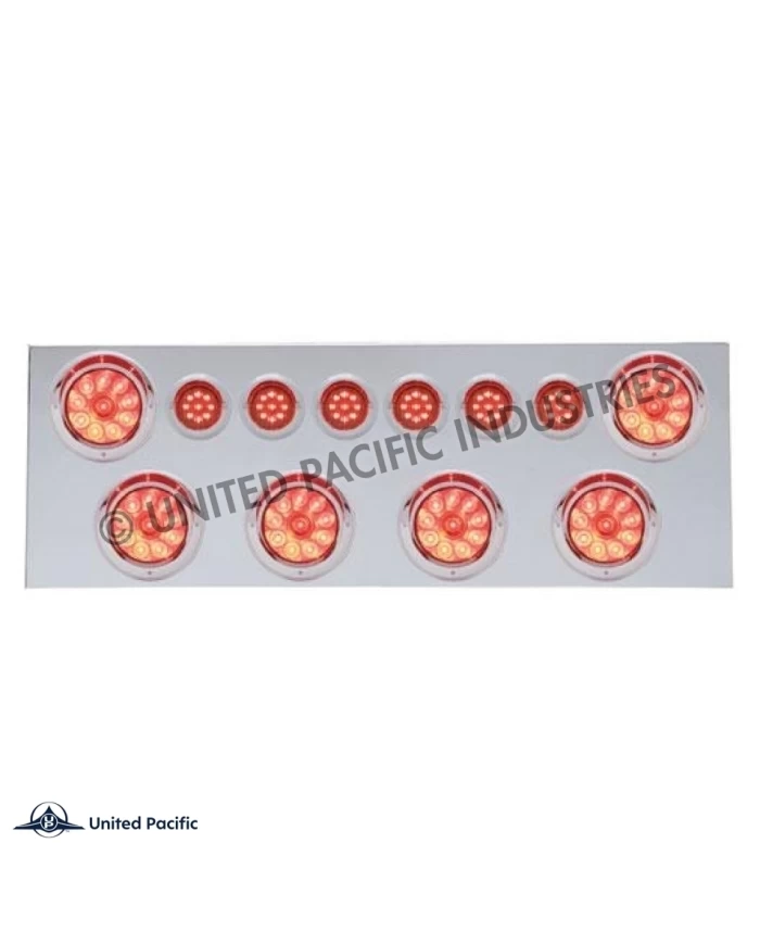 (BULK) 430 S.S. REAR CENTER LIGHT PANEL W/ SIX 10 LED 4" & 9 LED 2" FLAT LIGHT W/ VISOR - RED LED/RED LENS