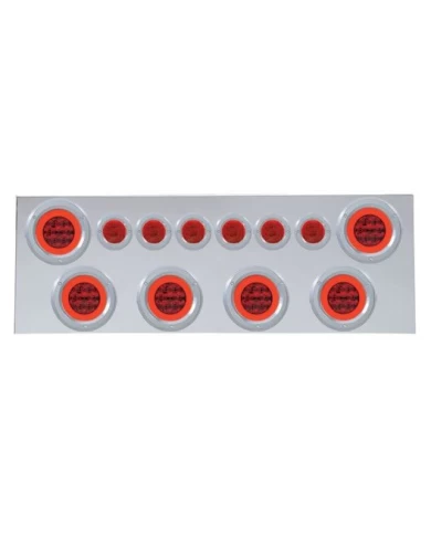 (BULK) 430 S.S. REAR CENTER LIGHT PANEL W/ SIX 21 LED 4" GLO & 9 LED 2" FLAT LIGHT W/ BEZEL - RED LED/RED LENS (BULK) 430 S.S. REAR CENTER LIGHT PANEL W/ SIX 21 LED 4" GLO & 9 LED 2" FLAT LIGHT W/ BEZEL - RED LED/RED LENS