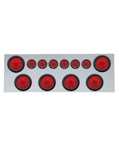 (BULK) 430 S.S. REAR CENTER LIGHT PANEL W/ SIX 10 LED 4" & 9 LED 2" FLAT LIGHT W/ GROMMET - RED LED/RED LENS (BULK) 430 S.S. REAR CENTER LIGHT PANEL W/ SIX 10 LED 4" & 9 LED 2" FLAT LIGHT W/ GROMMET - RED LED/RED LENS