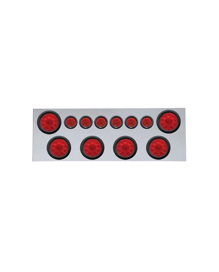 (BULK) 430 S.S. REAR CENTER LIGHT PANEL W/ SIX 10 LED 4" & 9 LED 2" FLAT LIGHT W/ GROMMET - RED LED/RED LENS