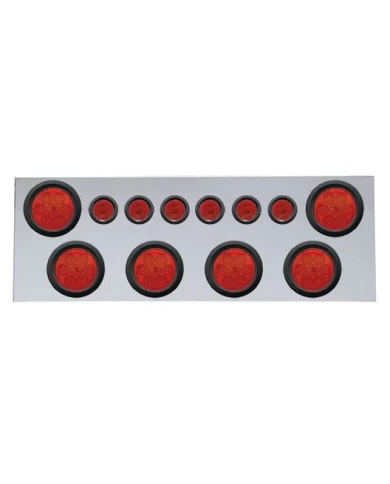 (BULK) 430 S.S. REAR CENTER LIGHT PANEL W/ SIX 7 LED 4" & 9 LED 2" FLAT LIGHT W/ GROMMET - RED LED/RED LENS (BULK) 430 S.S. REAR CENTER LIGHT PANEL W/ SIX 7 LED 4" & 9 LED 2" FLAT LIGHT W/ GROMMET - RED LED/RED LENS