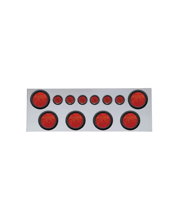 (BULK) 430 S.S. REAR CENTER LIGHT PANEL W/ SIX 7 LED 4" & 9 LED 2" FLAT LIGHT W/ GROMMET - RED LED/RED LENS