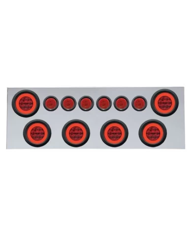 (BULK) 430 S.S. REAR CENTER LIGHT PANEL W/ SIX 21 LED 4" HALO & 9 LED 2" FLAT LIGHT W/ GROMMET - RED LED/RED LENS (BULK) 430 S.S. REAR CENTER LIGHT PANEL W/ SIX 21 LED 4" HALO & 9 LED 2" FLAT LIGHT W/ GROMMET - RED LED/RED LENS