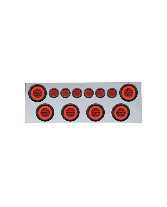 (BULK) 430 S.S. REAR CENTER LIGHT PANEL W/ SIX 21 LED 4" HALO & 9 LED 2" FLAT LIGHT W/ GROMMET - RED LED/RED LENS