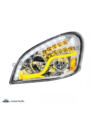 (COBX) CHROME LED HEADLIGHT WITH LED DAYTIME RUNNING LIGHT & LED TURN SIGNAL FOR 2008-2017 FREIGHTLINER CASCADIA- DRIVER