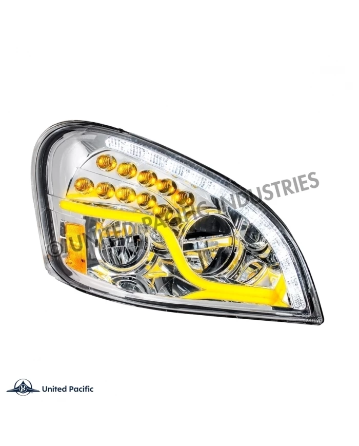 (COBX) CHROME LED HEADLIGHT WITH LED DAYTIME RUNNING LIGHT & LED TURN SIGNAL FOR 2008-2017 FREIGHTLINER CASCADIA- PASSENGER