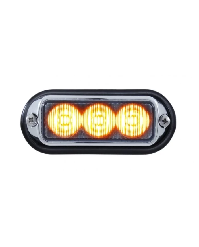(BOX) 3 LED 12V/24V STROBE LIGHT WITH CHROME BEZEL - AMBER