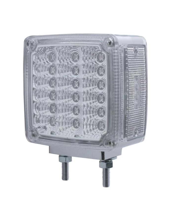 (CARD) 18+3 AMBER /18 RED LED DOUBLE STUD SQUARE DOUBLE FACE TURN SIGNAL LIGHT - CLEAR LENS (DRIVER)