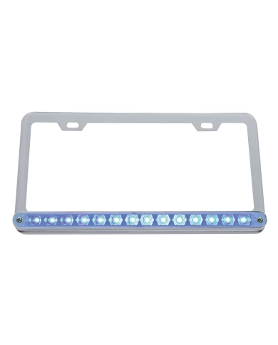 (CARD) CHROME LICENSE FRAME W/ 14 BLUE LED 12" LIGHT BAR - CLEAR LENS (CARD) CHROME LICENSE FRAME W/ 14 BLUE LED 12" LIGHT BAR - CLEAR LENS