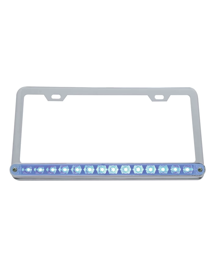 (CARD) CHROME LICENSE FRAME W/ 14 BLUE LED 12" LIGHT BAR - CLEAR LENS (CARD) CHROME LICENSE FRAME W/ 14 BLUE LED 12" LIGHT BAR - CLEAR LENS