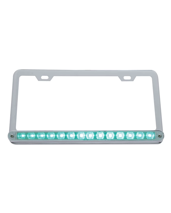 (CARD) CHROME LICENSE FRAME W/ 14 GREEN LED 12" LIGHT BAR - CLEAR LENS (CARD) CHROME LICENSE FRAME W/ 14 GREEN LED 12" LIGHT BAR - CLEAR LENS