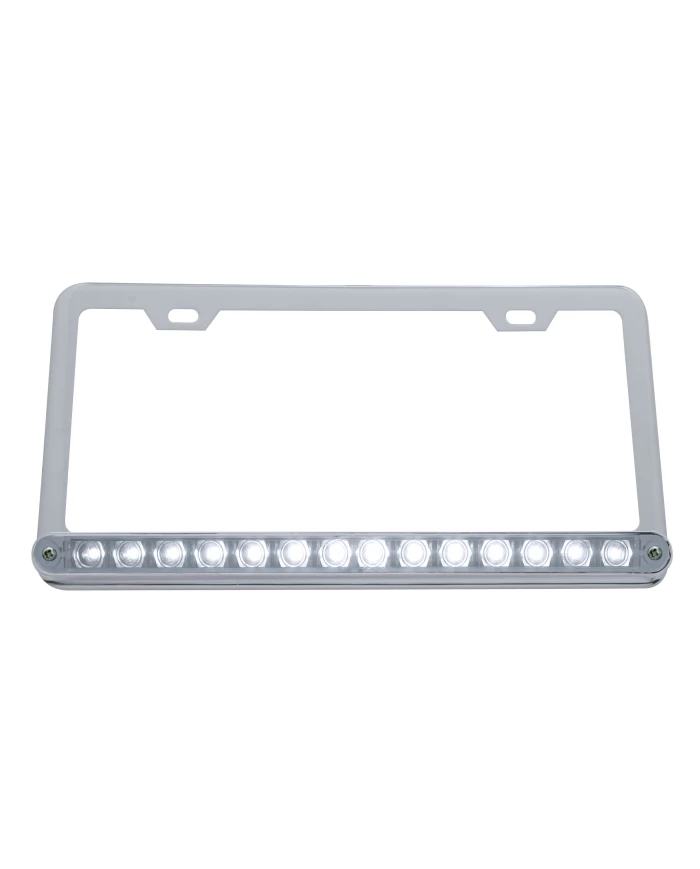(CARD) CHROME LICENSE FRAME W/ 14 WHITE LED 12" LIGHT BAR - CLEAR LENS