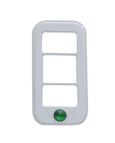 (3/CARD) CHROME PLASTIC FREIGHTLINER 3 OPENING ROCKER SWITCH COVER W/ DIAMOND - GREEN (3/CARD) CHROME PLASTIC FREIGHTLINER 3 OPENING ROCKER SWITCH COVER W/ DIAMOND - GREEN