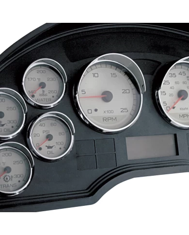 (CARD) CHROME PLASTIC 2007+ INTERNATIONAL GAUGE COVER W/ VISOR - SPEED/TACH. (CARD) CHROME PLASTIC 2007+ INTERNATIONAL GAUGE COVER W/ VISOR - SPEED/TACH.