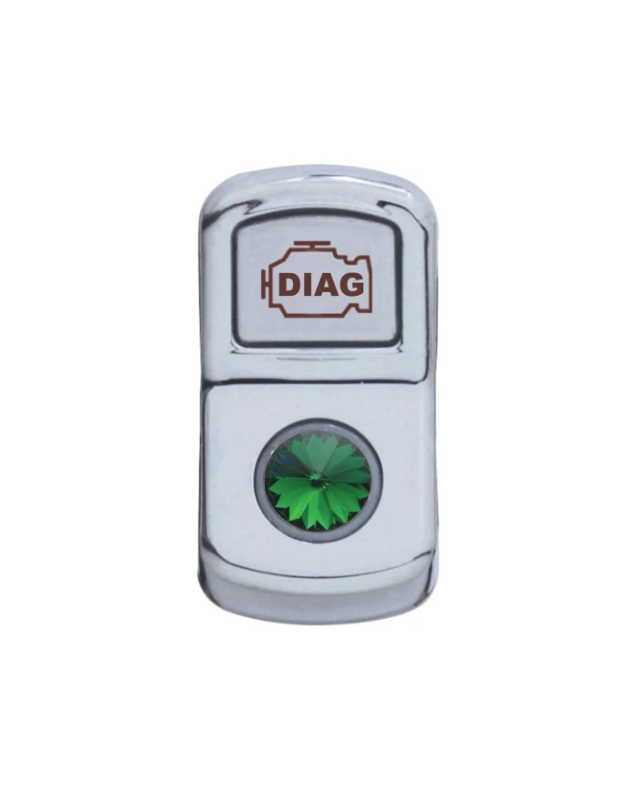 (CARD) CHROME PLASTIC "DIAGNOSTIC" ROCKER SWITCH COVER W/ DIAMOND - GREEN