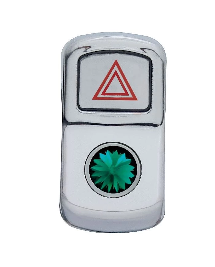 (CARD) CHROME PLASTIC "HAZARD" ROCKER SWITCH COVER W/ DIAMOND - GREEN