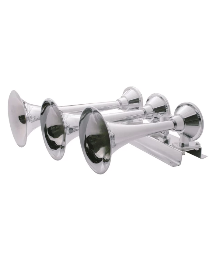 (BOX) CHROME 3 TRUMPET TRAIN HORN - LONG TRUMPET ON RIGHT