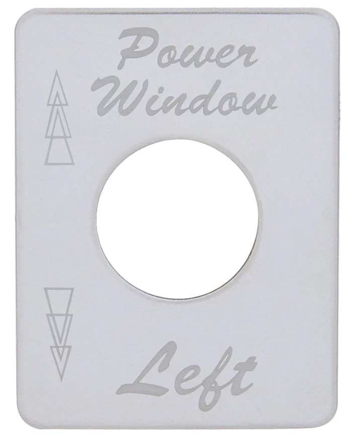 (CARD) STAINLESS STEEL PETERBILT SWITCH PLATE - POWER WINDOW (LEFT) (CARD) STAINLESS STEEL PETERBILT SWITCH PLATE - POWER WINDOW (LEFT)
