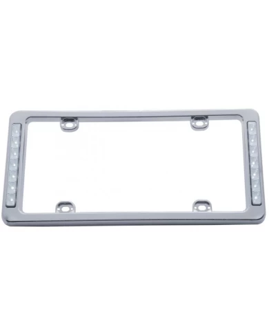 (CARD) CHROME PLASTIC LICENSE FRAME W/ TWO 7 WHITE LED REFLECTOR LIGHT BAR - CLEAR LENS (CARD) CHROME PLASTIC LICENSE FRAME W/ TWO 7 WHITE LED REFLECTOR LIGHT BAR - CLEAR LENS