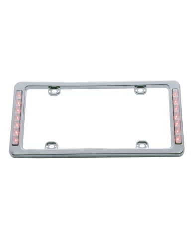 (CARD) CHROME PLASTIC LICENSE FRAME W/ TWO 7 RED LED REFLECTOR LIGHT BAR - CLEAR LENS (CARD) CHROME PLASTIC LICENSE FRAME W/ TWO 7 RED LED REFLECTOR LIGHT BAR - CLEAR LENS