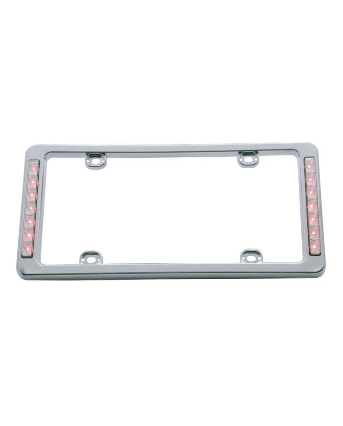 (CARD) CHROME PLASTIC LICENSE FRAME W/ TWO 7 RED LED REFLECTOR LIGHT BAR - CLEAR LENS