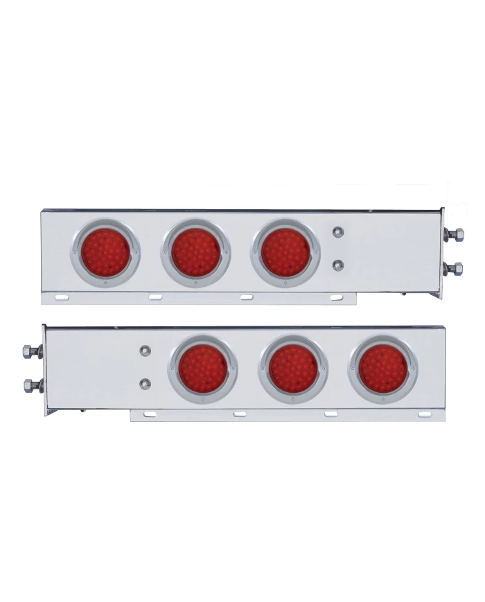 (2/BULK) CHROME SPRING LOADED REAR LIGHT BAR W/ SIX 36 RED LED 4" RED LENS LIGHT W/ VISOR - 2 1/2" BOLT PATTERN