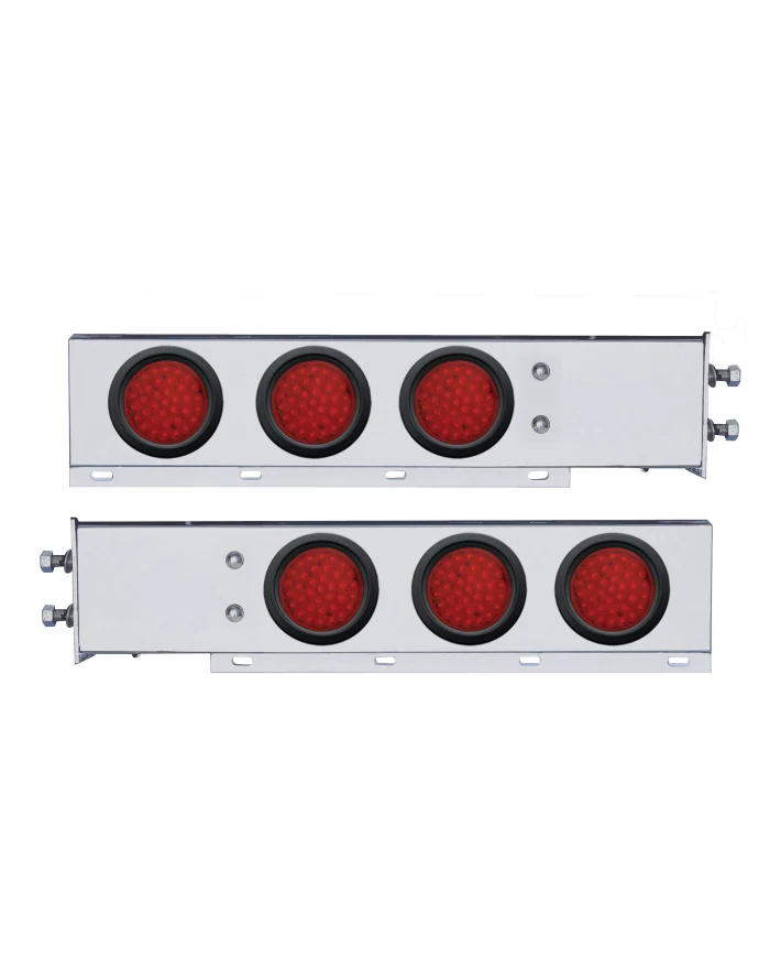 (2/BULK) CHROME SPRING LOADED REAR LIGHT BAR W/ SIX 36 RED LED 4" RED LENS LIGHT W/ GROMMET - 2 1/2" BOLT PATTERN
